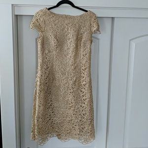 Shimmer lace overlay gold sheath dress